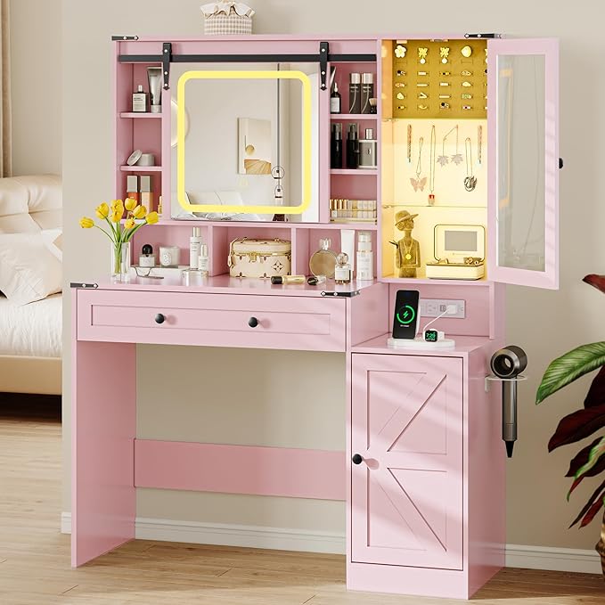 Makeup Vanity Desk with Sliding Mirror and Lights, Farmhouse Vanity Table Set with Power Outlet & RGB Cabinet, Dressing Table with Storage Drawers & Shelves for Kids Girls Women Bedroom, Pink