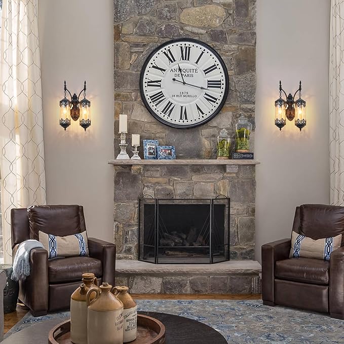 Rustic Wall Sconce with Amber Glass Vintage 2-Lights Antique Gothic Wall Light Fixture Retro Farmhouse Mid Centry Lantern Wall Sconce for Bedroom, Living Room, Mirror, Black, E12