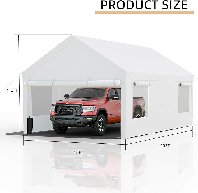 JY QAQA Carport, 12x20 FT Heavy Duty Carport Reinforced Steel Poles with Removable Sidewalls & Doors,Roll-up Windows Car Canopy with Sandbags and All-Season Tarp for Car Boat Truck Motorcycle