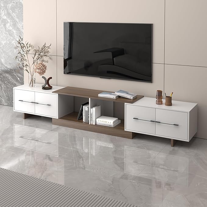 Extendable TV Stand, Modern TV Console for Up to 120 Inch TV, Entertainment Center with 4 Large Drawers & Open Shelf, Media Console for Living Room - White & Walnut (Extendable 74.80"-102.36")