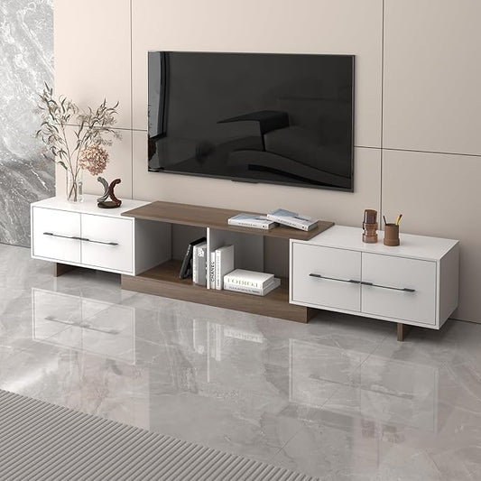 Extendable TV Stand, Modern TV Console for Up to 120 Inch TV, Entertainment Center with 4 Large Drawers & Open Shelf, Media Console for Living Room - White & Walnut (Extendable 74.80"-102.36")