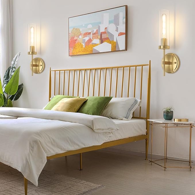 Gold Wall Sconces, Modern Bathroom Vanity Light Fixtures, Sconces Wall Decor Set of 2, Wall Lamps with Clear Glass, Indoor Wall Lights for Bedroom Living Room Hallway
