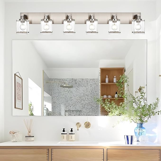 6-Lights Brushed Nickel Bathroom Light Fixture Over Mirror, Modern Wall Sconce with Clear Glass Shades, E26 Bulb Base Vanity Lighting for Over Mirror Kitchen