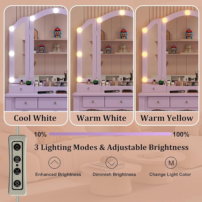 Purple Vanity Desk with Mirror and Lights Purple Vanity for Girls Makeup Vanity Desk with Lights Vanity Table with Lighted Mirror Make Up Vanity Desk with Drawers and Chair Set