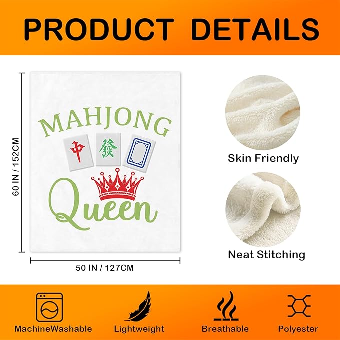 Mahjong Queen Throw Blanket,Mahjong Gifts for Women Girls,Mah Jong Blanket for Couch Bed Girls Dorm Bedroom Living Room Office,50x60 Inches