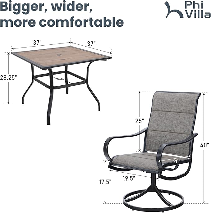 PHI VILLA 5 PCS Patio Dining Set with 4 Padded Outdoor Swivel Dining Chairs and 37"x 37" Premium PVC Table Top Dining Table(1.57" Umbrella Hole), Outdoor Dining Table & Chair Set for Deck Lawn Garden