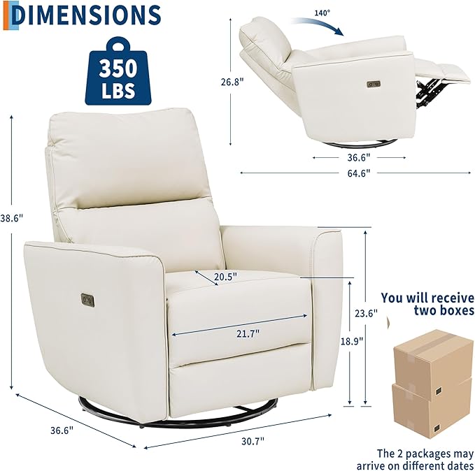 GarveeHome Power Recliner Chair Swivel Glider Upholstered Faux Leather Nursery Rocker Reclining Sofa Chair with Charging Port, Curved Armrests & Padded Backrest (Beige)