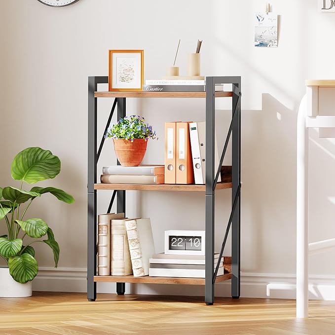 HOOBRO Bookshelf, 3-Tier Industrial Bookcase, Book Shelf Storage Organizer, Small Bookshelf with Metal Frame for Living Room, Bedroom, Home Office, Kitchen, Rustic Brown and Black BF71SJ01
