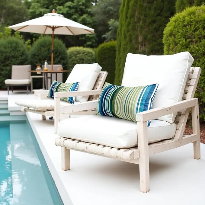 Pack of 2 12x20 Outdoor Pillows, Waterproof Throw Pillows with Inserts, Decorative Lumbar Pillows for Patio, Garden, Couch, Furniture, Sofa, Bed, Living Room(Stripe Blue Green)