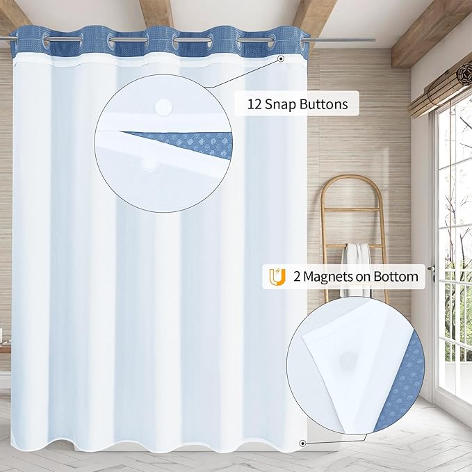 MitoVilla No Hooks Needed Blue Waffle Shower Curtain with Snap-in Liner, Modern Waffle Weave Heavy Duty Fabric Cloth Shower Curtain for Luxury Neutral Hotel Spa Bathroom Decor, 72 x 74, Moonlight Blue