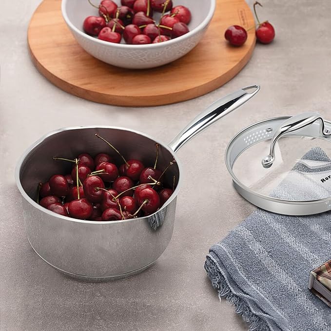 Rorence Stainless Steel Sauce pan: Saucepan with Pour Spouts, Capsule Bottom & Tempered Glass Lid - 2.5 Quart