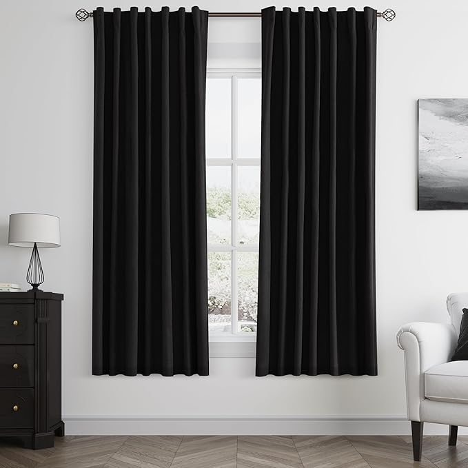 Guken Black Linen Blackout Curtains 63 Inch Length 2 Panels Set for Living Room Bedroom Back Tab Thermal Insulated 100% Black Out Linen Drapes Room Darkening Window Curtains 63 Inches Long