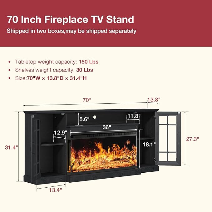 oneinmil 36 Inch 3-Sided Glass Fireplace TV Stand for TVs up to 80", Rustic Media Entertainment Center Console Table with Glass Door Closed Storage, Set of TV Table, Black