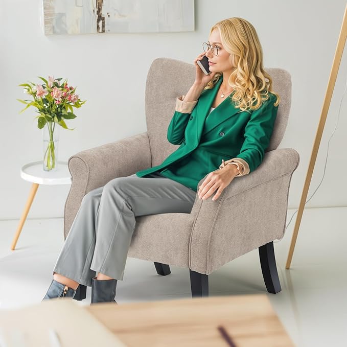 Athena Collection Mid Century Accent Chair, Upholstered Modern Comfy Armchair Single Sofa, Elegant Vanity Chair Reading Chair with High Back and Solid Wood Legs for Bedroom Living Room Office, Beige