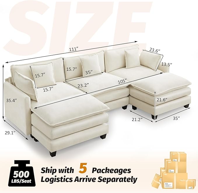 111'' Sectional Cloud Deep Seat Couch, Oversized Chenille U Shaped Sectional Sofa for Living Room Set, Comfy Upholstered Modular 5-Seats Sectional Sofa Couch with 2 Movable Ottoman, Beige