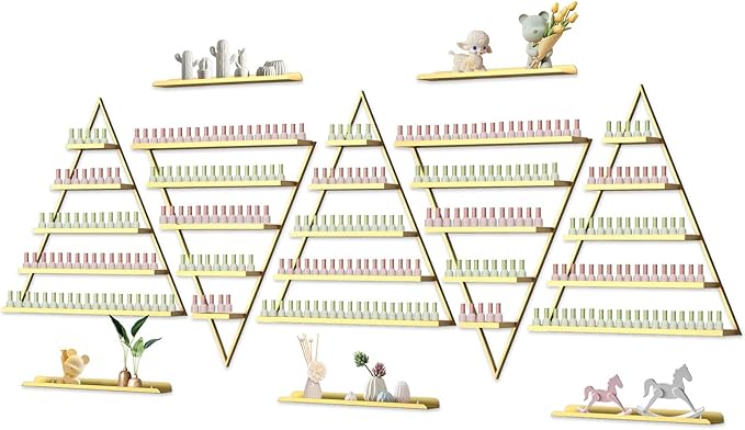 EBANKU 10PCS Nail Polish Racks 5 Tiers Nail Polish Shelf for Wall Triangular Display Rack Cosmetic Display Cases Lipstick Perfume Wall Shelf Essential Oil Organizers for Home Spa Nail Salon Shop(Gold)