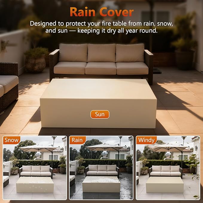 2-Piece 42" Rectangular Propane Fire Pit for Outside Patio with Hidden Tank Table, 50,000 BTU Fireplaces with Glass Wind Guard, Lid, Glass Rocks, Cover(Grey Rock Veins)