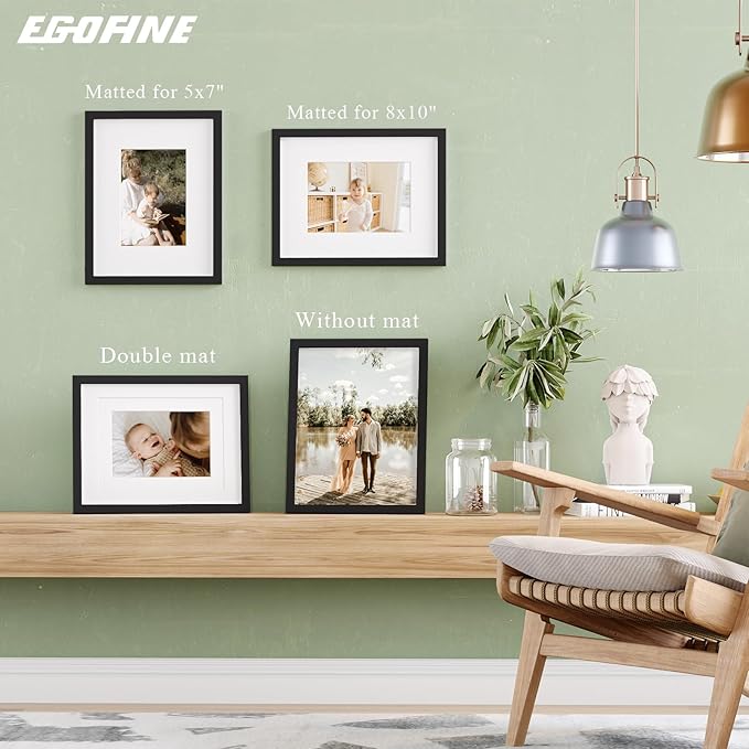 Egofine 11x14 Picture Frame Black - Photo Frame Made of Solid Wood Covered by Plexiglass for Table Top Display Pictures 5x7/8x10 with Mat or 11x14 Without Mat with Wall Mounting Hardware