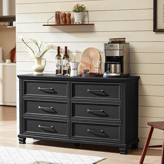 Farmhouse 6 Drawer Dresser for Bedroom, 54 inch Wide Rustic Vintage Chest of Drawers with Square Solid Wood Legs, Large TV Stand for Living Room, Wooden Storage Dressers for Hallway, Black