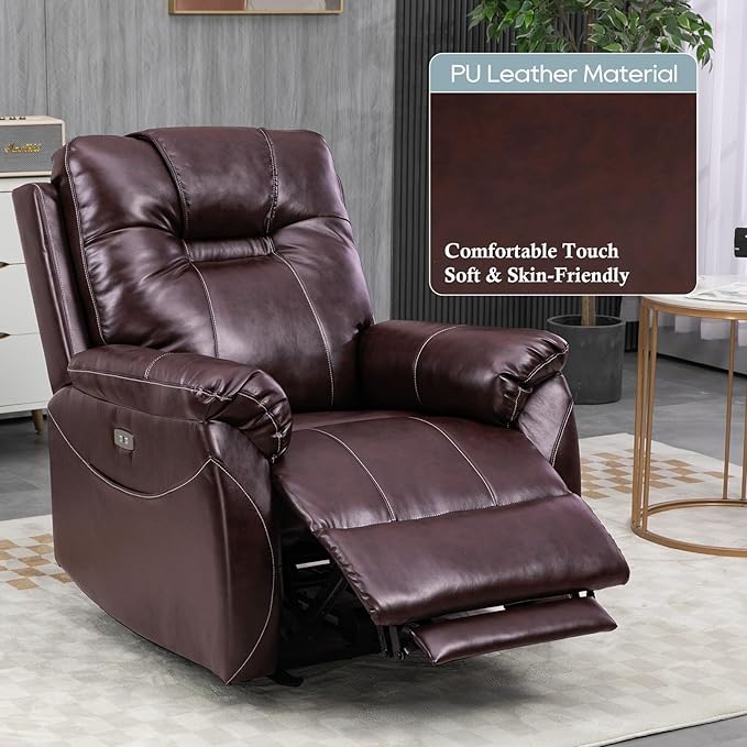 Power Recliner Chair,Wall Hugger Recliner with Heat and Massage,PU Leather Recliner Chair with 2 Side Pockets, USB & Type-C Port, Electric Recliner Chair for Living Room