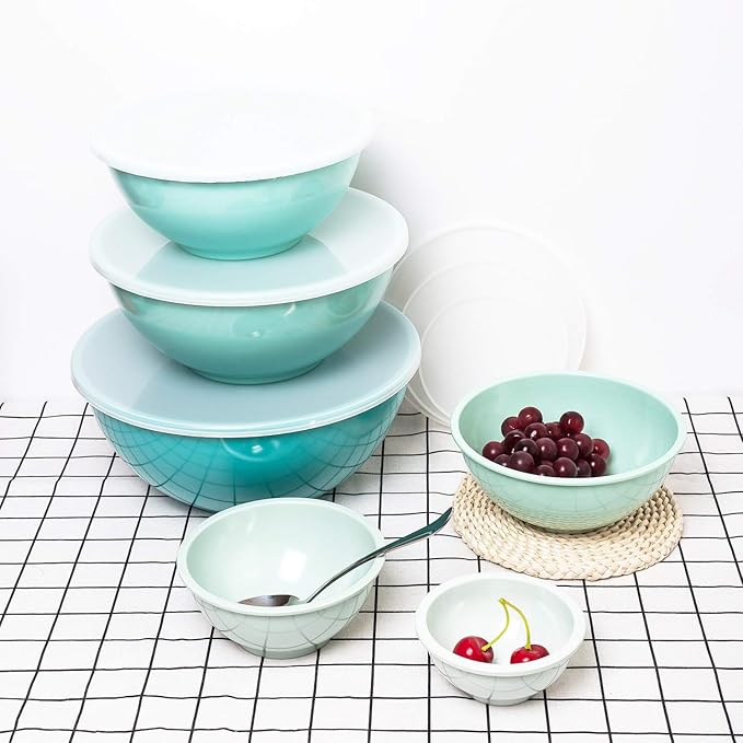 KOXIN-KARLU 6-Piece Nesting Melamine Mixing Bowl Set with Lids, Teal Assorted Colors