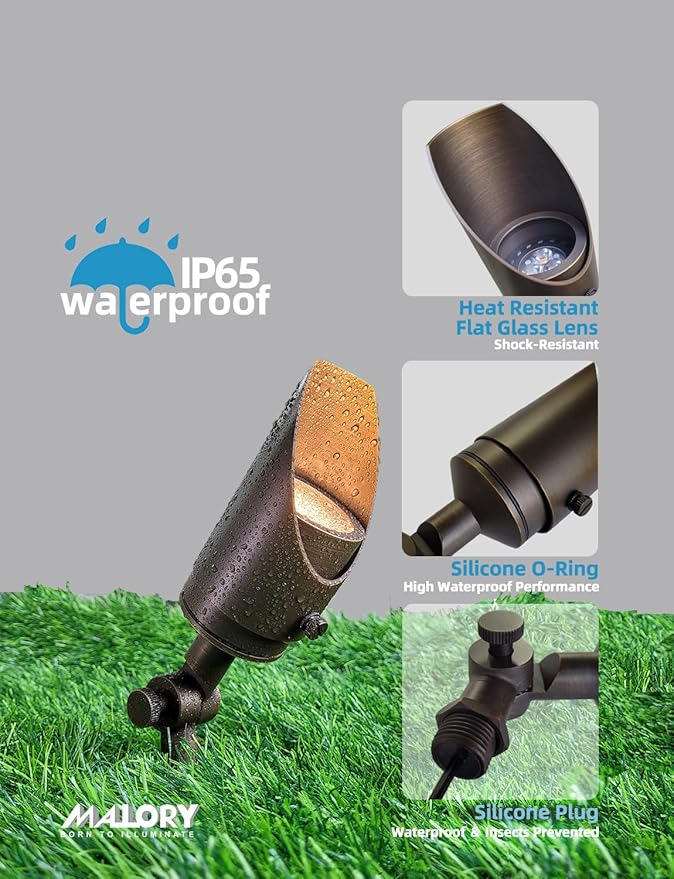 MALORY Brass Landscape Spotlight 10-Pack with MR16 Bulb Kit(S04), Low Voltage 12V AC/DC Shroud Adjustable Outside Yard Lights,PVC Ground Stake and Wire Connector Included, 5W 2700K Warm White