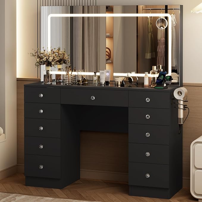 Vanity Desk with Mirror and Lights, 11 Drawers Makeup Vanity Desk with Tempered Glass top, 3 Lighting Modes Adjustable Brightness, Black Vanity with Magnetic 5X Magnifier for Bedroom