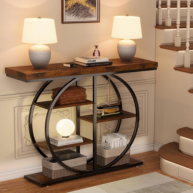 41.3" Console Table for Entryway, Industrial Hallway Sofa Table with Storage Shelves, Narrow Accent Decor Living Room Furniture with Circle Base for Foyer, Entrance, Rustic Brown