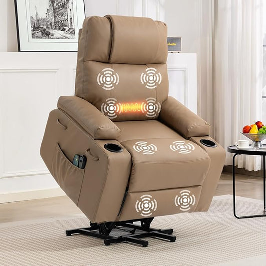 Power Lift Recliner Chair for Elderly with Heat & Massage, 160° Electric Adjustable PU Leather Recliner with Remote Control, Stand Assist, Cup Holders & Side Pockets for Living Room (Brown)