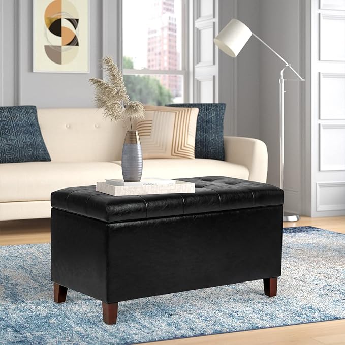 Joveco Storage Ottoman Bench, 33 Inches Faux Leather Rectangle Tufted Foot Stool for End Foot of Bed, Bedroom, Living Room, Black