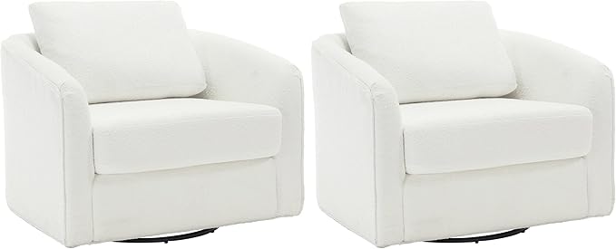 MINCETA Accent Chairs,Oversized 360 Swivel Armchair(Seat Area:25.6" D x 26.8" W),Modern Comfy Reading Chairs for Living Room with Metal Base,Set of 2,Sherpa Teddy in White
