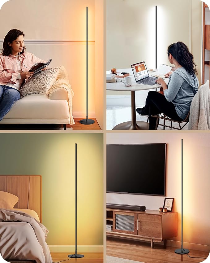 EDISHINE LED Corner Floor Lamp with Remote, 57.5" Minimalist Dimmable Corner Light, Tall Floor Lamps for Living Room, Bedroom, Office, 3000K Warm White Light (Black)