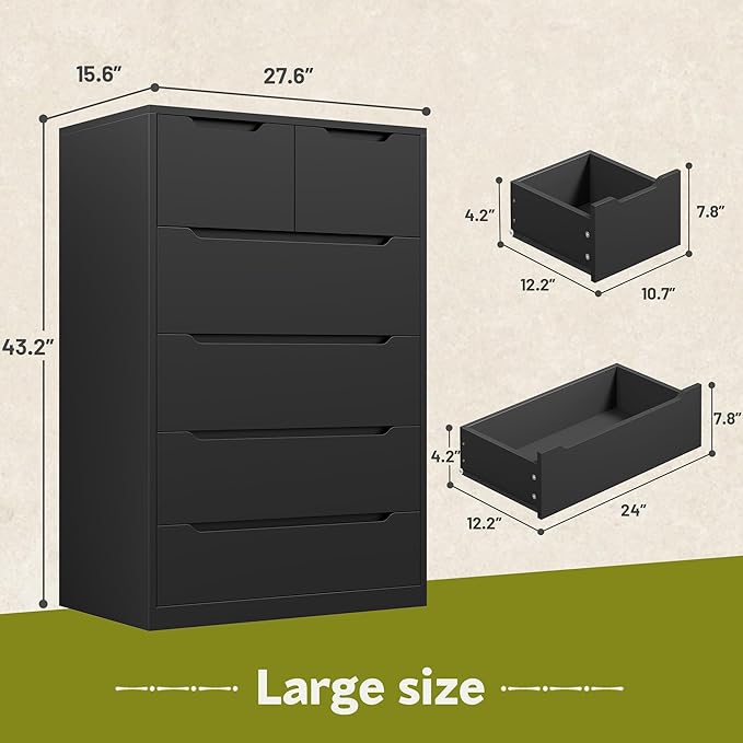 6 Drawer Dresser for Bedrom,Tall Black Chest of Drawers for Bedroom, Hallway, Closet, Modern 43.2" H X 27.6" W X15.6 D