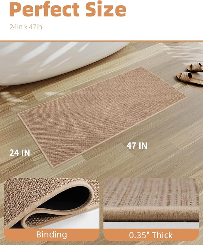PADOOR Non-Slip Bath-Mats for Bathroom, Rubber-Backing Braided Absorbent Bathroom Mat Machine Washable Thin Bathroom Rugs Fit Under Door Quick Dry Bath Rugs for Floor, 24''x47'' Beige