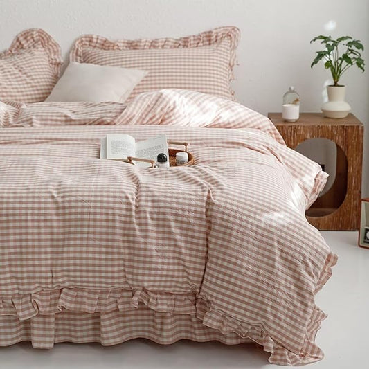 mixinni Vintage Pink Gingham Ruffle Comforter Set 3-Piece Washed Cotton Twin XL Size Grid Bedding Set with Geometric Checkered Pattern, Farmhouse Chic Soft Fluffy Comforter for All-Season