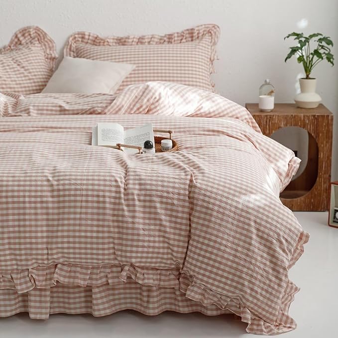 mixinni Vintage Pink Gingham Ruffle Comforter Set 3-Piece Washed Cotton Twin XL Size Grid Bedding Set with Geometric Checkered Pattern, Farmhouse Chic Soft Fluffy Comforter for All-Season