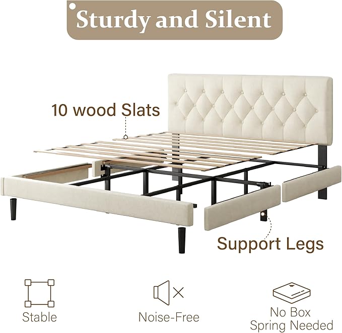 King Size Bed Frame with Upholstered Headboard, Button Tufted Design, Strong Wooden Slats, No Box Spring Needed, Easy Assembly, Noise Free