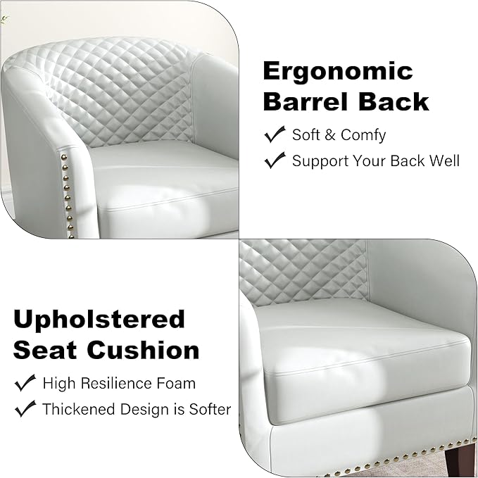 Accent Barrel Chair, Upholstered Faux Leather Club Chair with Nailed Trim, Comfy Reading Armchair for Living Room Bedroom Reception Room Office (White, Set of 2)