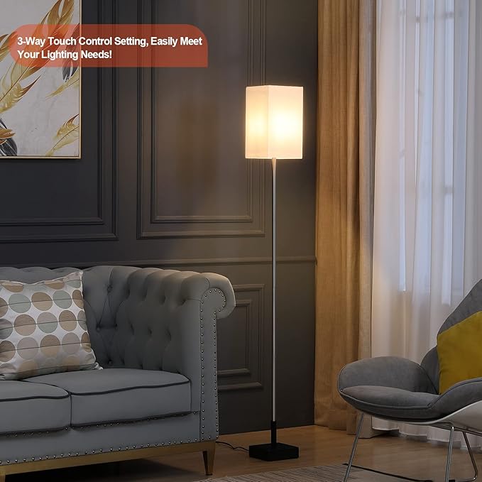 Floor Lamp, 3-Way Touch Control Dimmable Standing Lamp with Sturdy Marble Base, Brushed Nickel Touch Floor Lamp Tall Lamp with Square Linen Shade for Living Room, Bedroom, LED Bulb Included