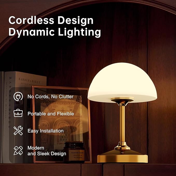 Mushroom Lamp Table Lamp Waterproof,Desk Cordless Battery Operated Lamps for Bedroom,Outdoor Cordless Rechargeable Bedside Lamps for Night Stands,5000mAh LED Night Light for Living Room(Gold)