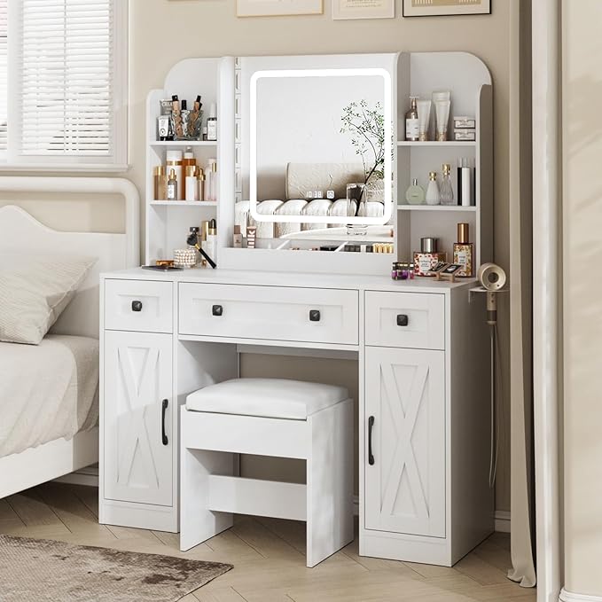 Vabches Makeup Vanity Desk, Vanity Mirror with Lights Desk and Chair,Makeup Table with 3 Large Drawers and 2 Cabinets, Time and Temperature Display, 3 LED Lighting Modes Adjustable, White