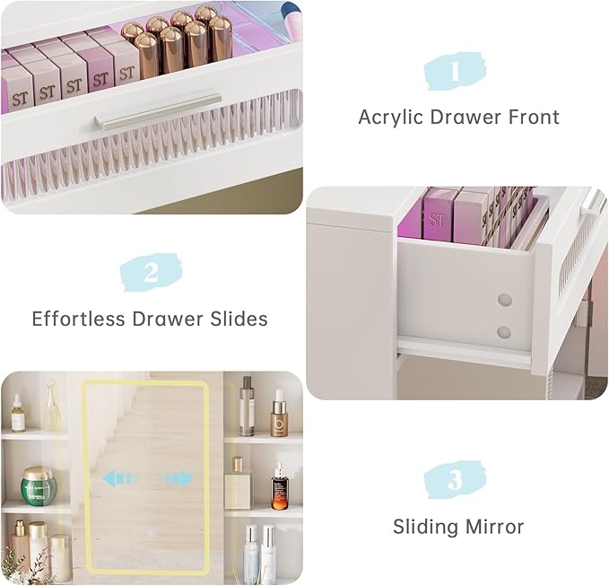 Hadulcet Vanity Desk with Mirror and Lights, Makeup Vanity with Power Outlet, LED Vanity with RGB Drawers and Cabinet, 10 Shelves & Acrylic Door Cabinet, 3 Lighting Modes Adjustable Brightness, White