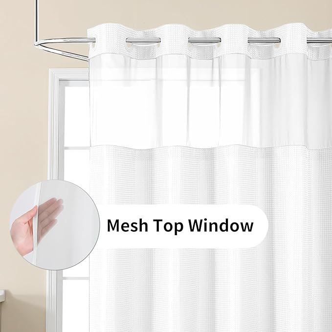 Colorful Star No Hook Shower Curtain with Snap in Fabric Liner, Waffle Weave Heavy Duty Thick Shower Curtains with Mesh Top Window, Hotel Style Waterproof Bathroom Curtain Set, 72 x 87 Inch, White