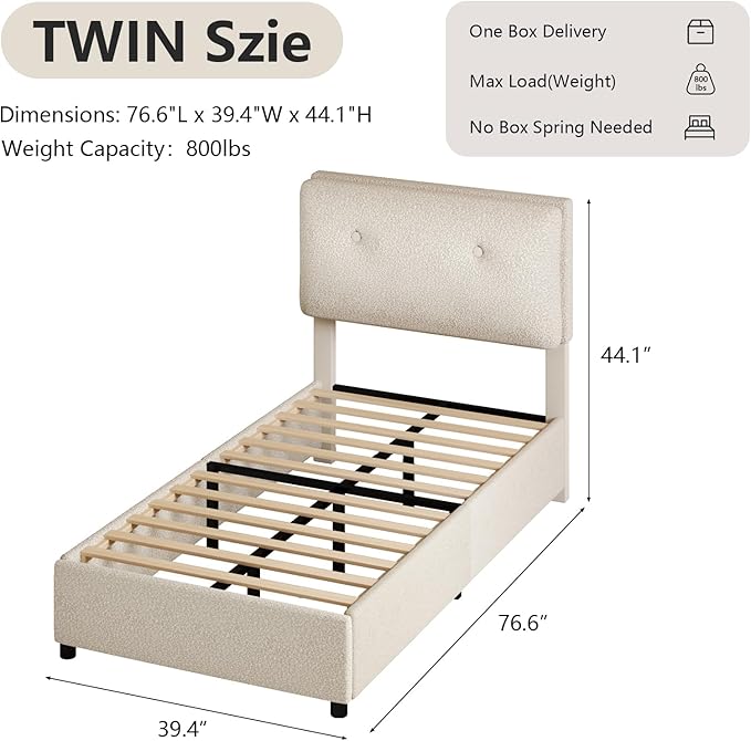 Twin Bed Frames,Breathable Boucle Fabric Upholstered Bed Frame Twin with Headboard,Removable and Washable,Wood Slat Support,No Box Spring Needed,Easy Assembly,Cama Individual,Beige