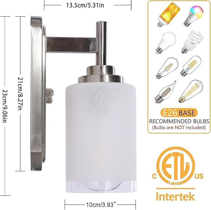 Sconces Wall Lighting Set of Two Bathrooom Vanity Light Brushed Nickel 2 Pack Modern Wall Light Fixtures with Frosted Glass Shade for Porch Bedroom Hallway