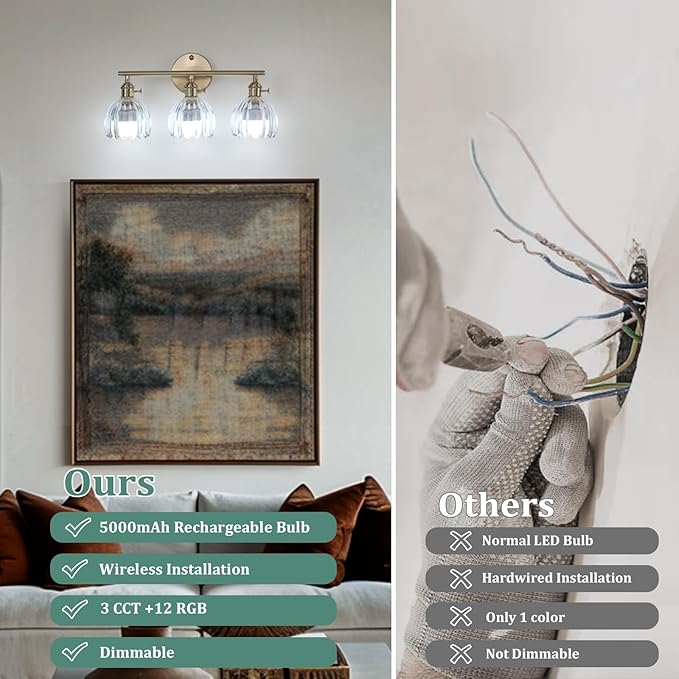 Battery Operated Bathroom Light Fixtures, 3-Light Brass Vanity Wall Light with 5000mAh Rechargeable Bulb Over Mirror with Clear Tulip Glass Shade for Bedroom Living Room