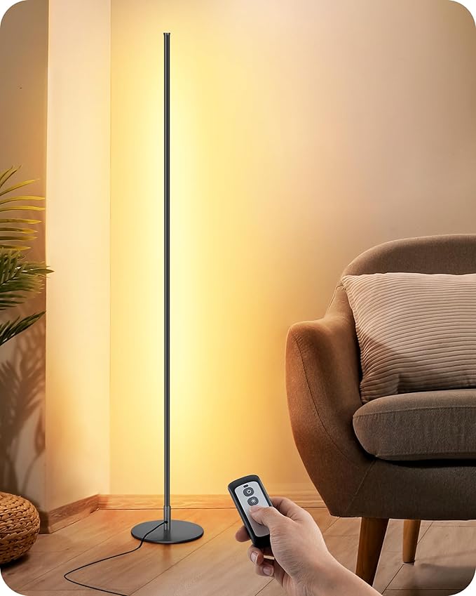 EDISHINE LED Corner Floor Lamp with Remote, 57.5" Minimalist Dimmable Corner Light, Tall Floor Lamps for Living Room, Bedroom, Office, 3000K Warm White Light (Black)