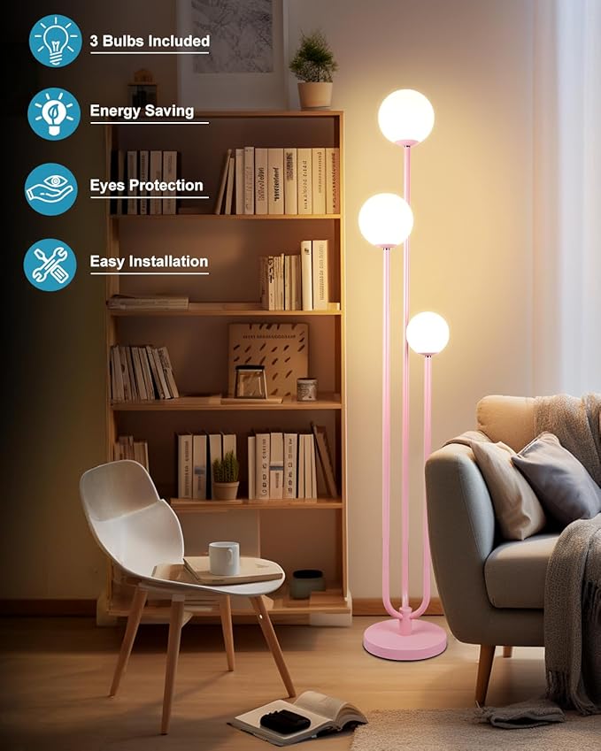 Lightdot 63IN Pink Floor Lamp Mid Century Modern Floor Lamp with 3 Globe Soft Warm White 3000K Bulbs Candle Holder Style Standing Lamp for Wedding Party/Living Room