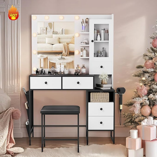 39" W Vanity Desk with Mirror, Makeup Vanity Set with Power Outlet and Comfortable Bench, Big Dressing Table with Lights Mirror and Drawers for Makeup, Modern Vanity for Bedroom Black