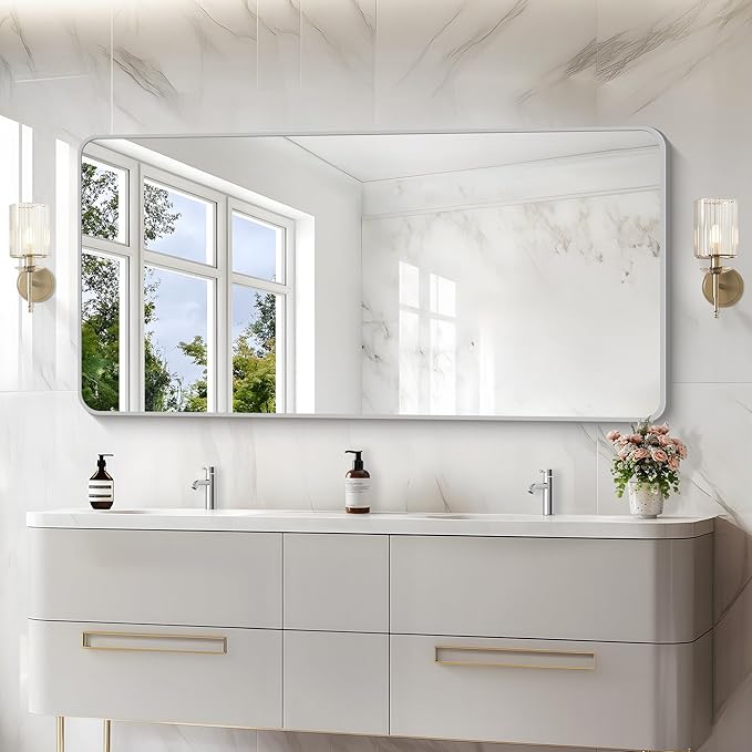 30x60 Inch Silver Bathroom Mirror, Large Rectangular Vanity Mirror, Metal Framed Rectangle Mirror, Rounded Corner Wall Mounted Mirrors for Living Room Bedroom Entryway Horizontal or Vertical